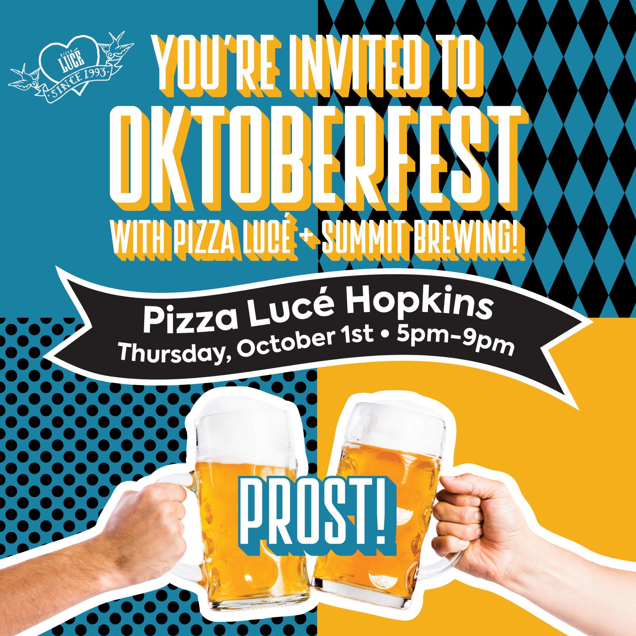 Pizza Lucé Facebook ad: PROST! Oktoberfest with Pizza Lucé Hopkins & Summit…