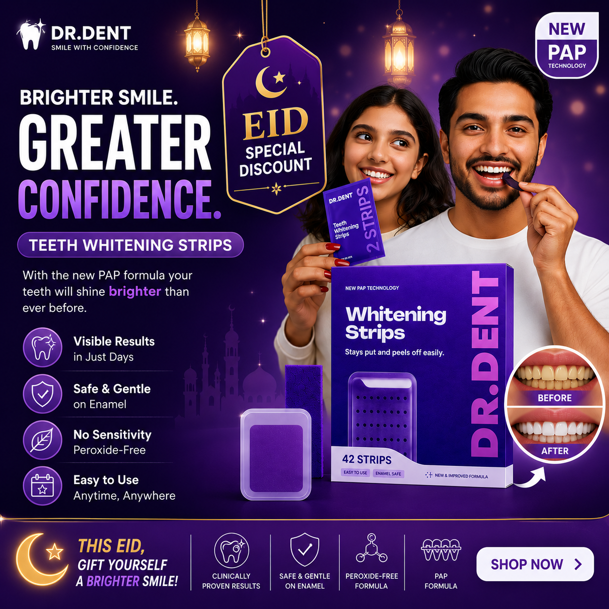 Gulf Mart Facebook ad: Dr Dent Instant Teeth Whitening Strips (V34, PAP+ Formula)