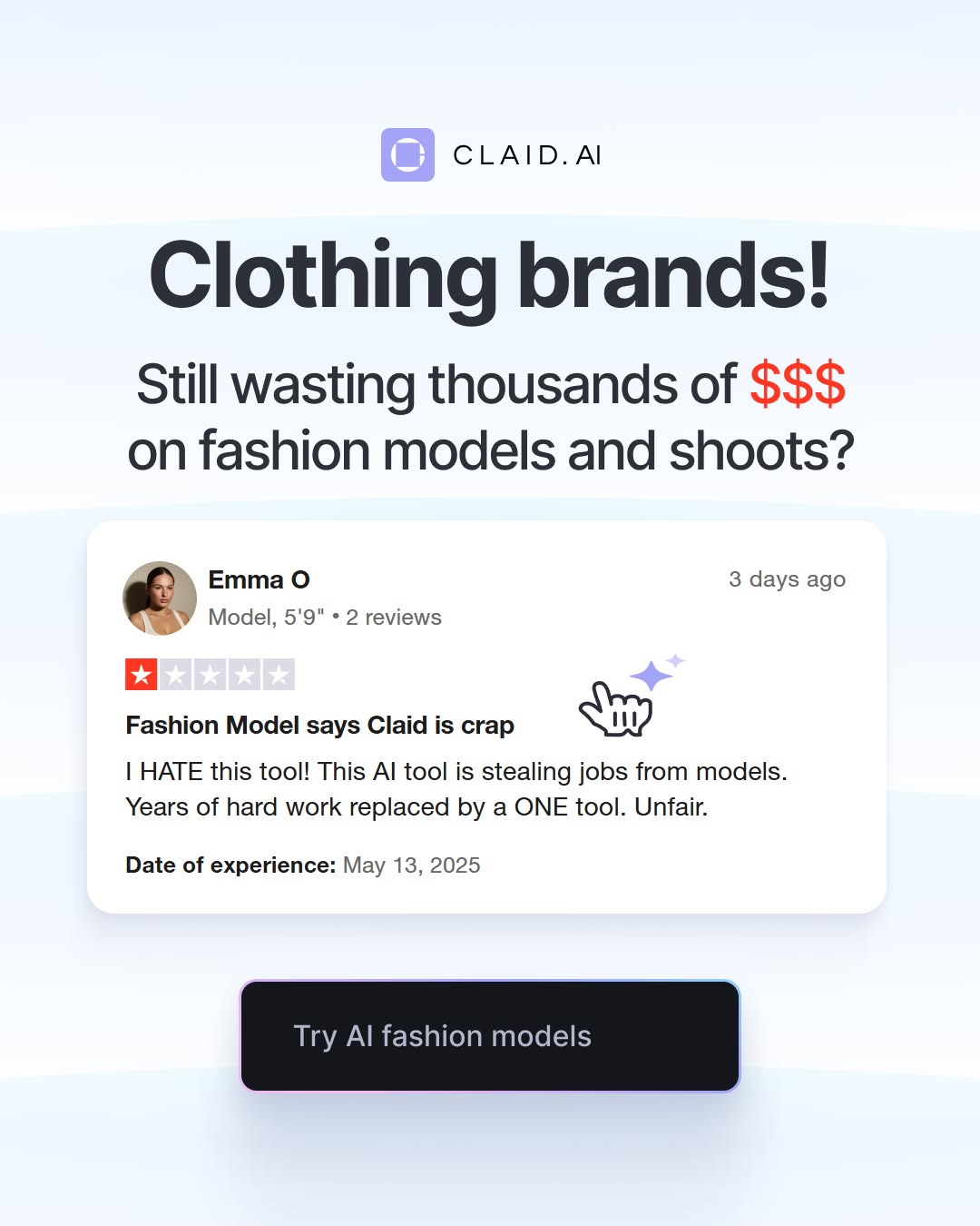 Claid.ai Facebook ad: Put clothes on AI models for $0.50