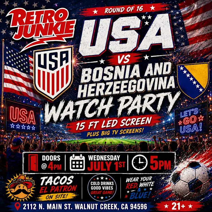 Retro Junkie Facebook ad: WORLD CUP Watch Party USA vs Bosnia w/ Taco Pop-Up & More!