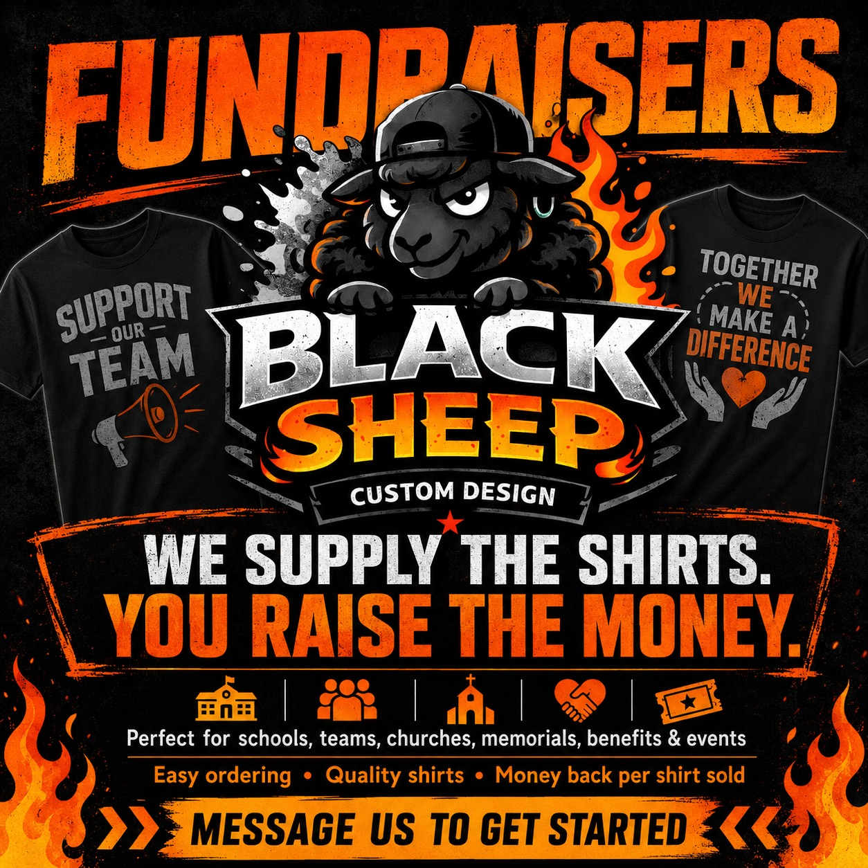 Black Sheep Custom Design Facebook ad: Custom Apparel, Business Apparel and Merch