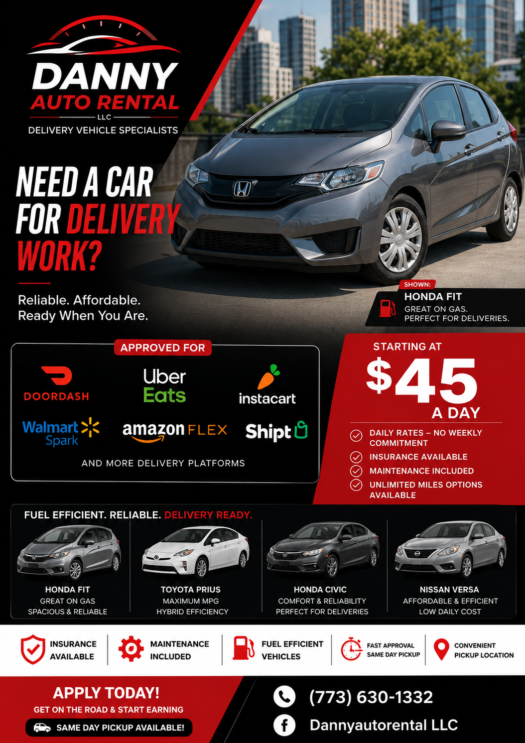 Dannyautorental LLC Facebook ad: Need a car for Doordash or Uber Eats?