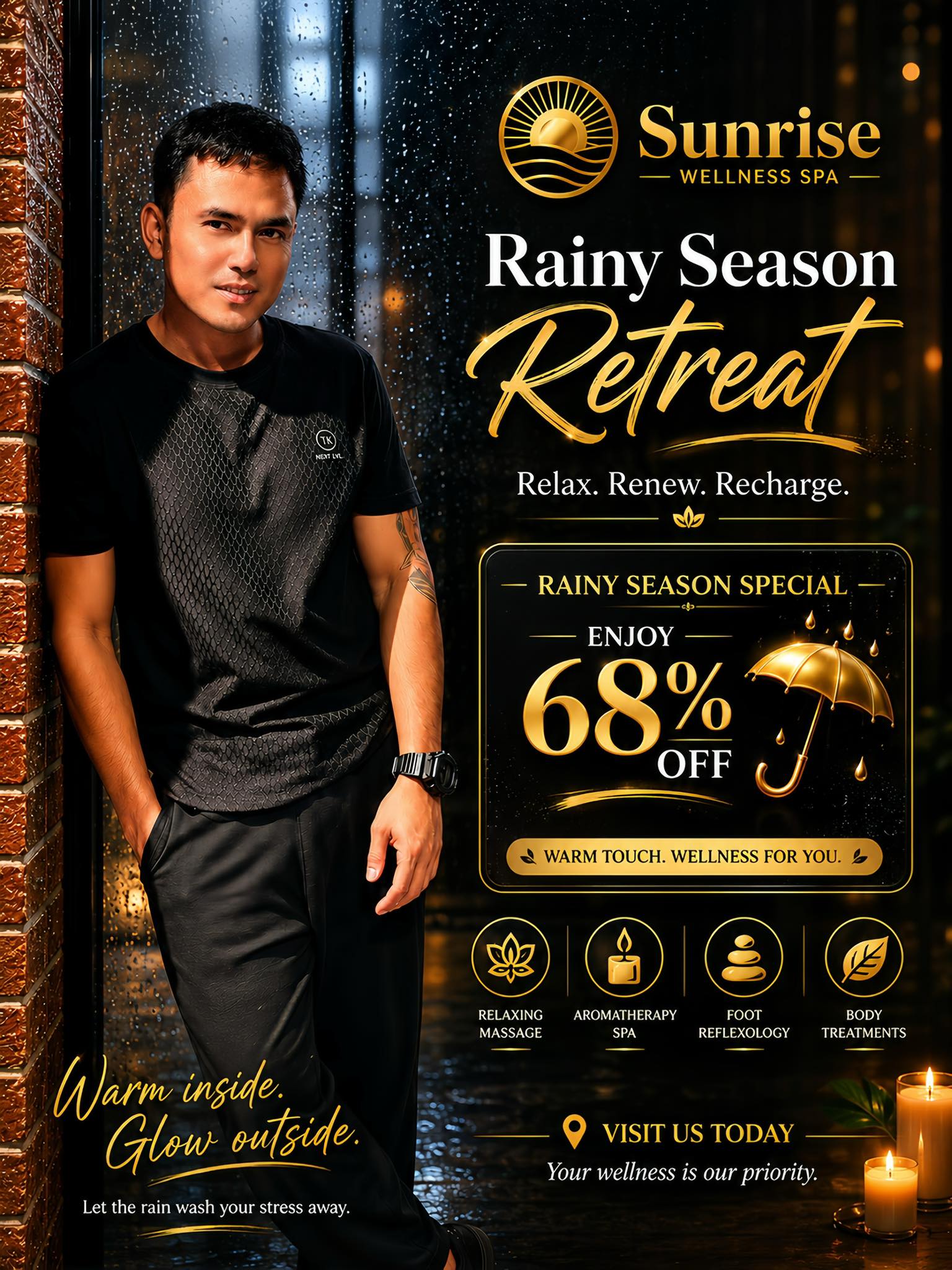 Sunrise Wellness Spa Makati Branch Facebook ad: RAINY DAYS FEEL HEAVIER WHEN STRESS IS ALREADY…