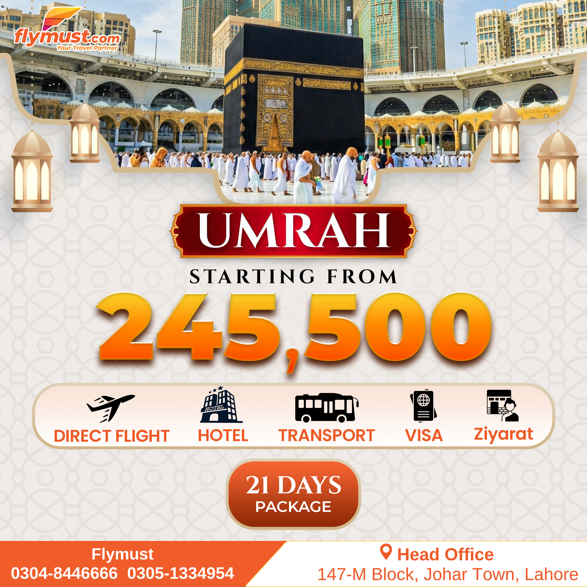 Flymust - Your Travel Partner Facebook ad: Umrah Package, Sirf 245,500 se shuru!