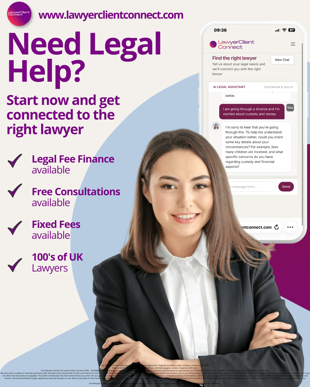 Lawyer Client Connect Facebook ad: AI Legal Assistant connecting you to Expert UK…