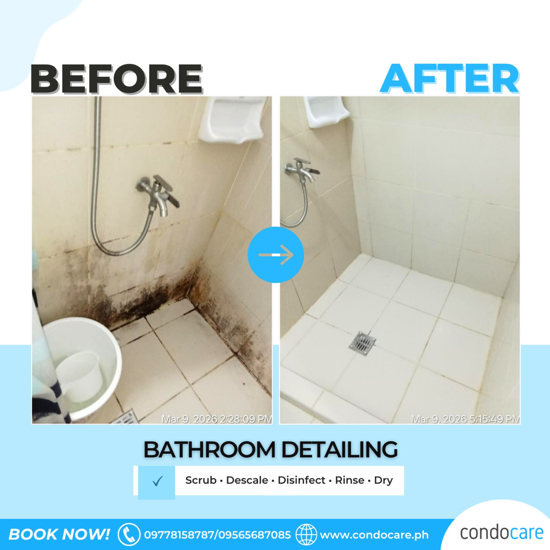 CondoCare PH Facebook ad: From moldy corners to spotless tiles, Your bathroom…
