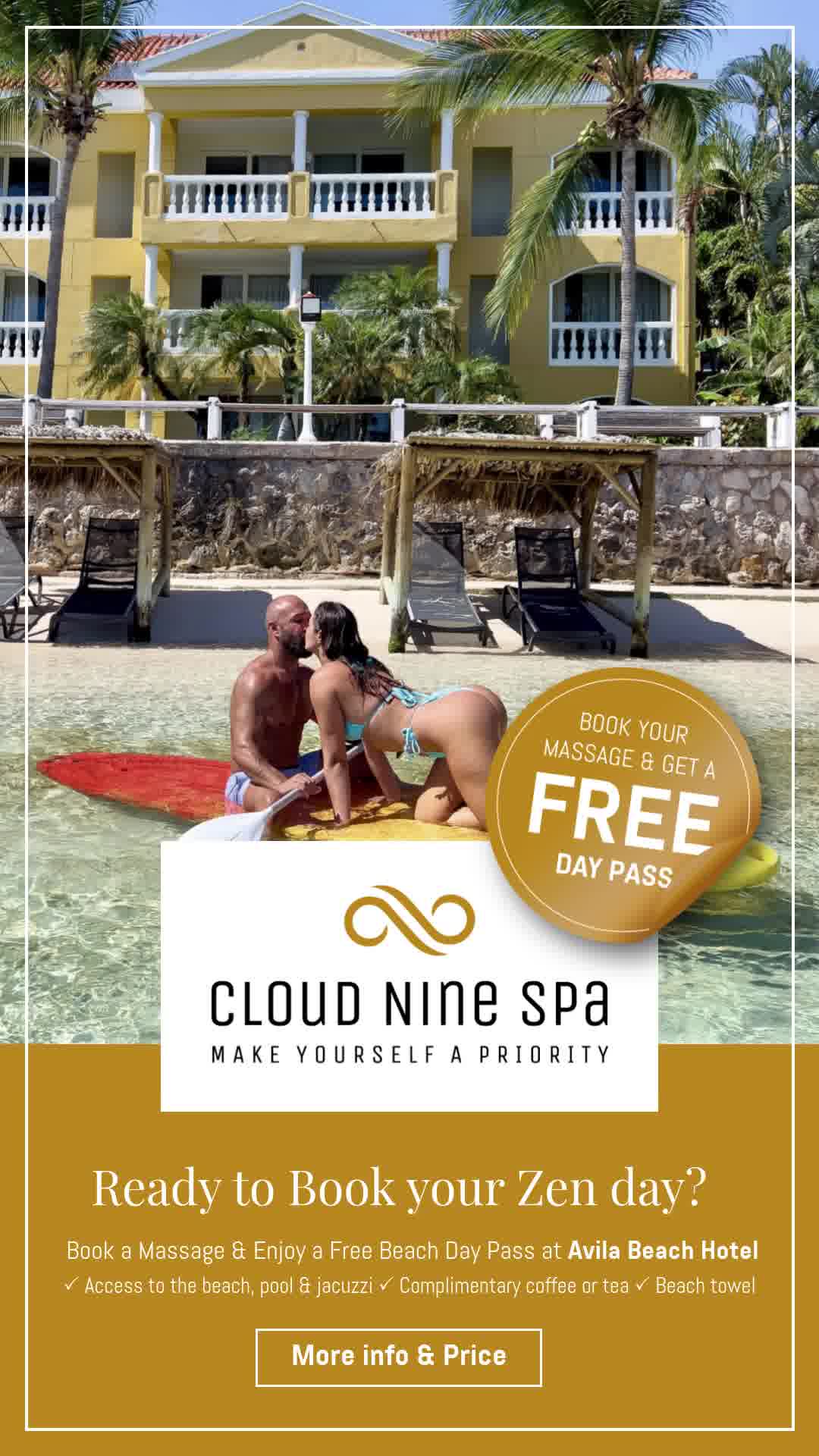 Cloud Nine Spa Curacao Facebook ad: Book a Massage & Enjoy a FREE Day Pass at Avila Beach Hotel!