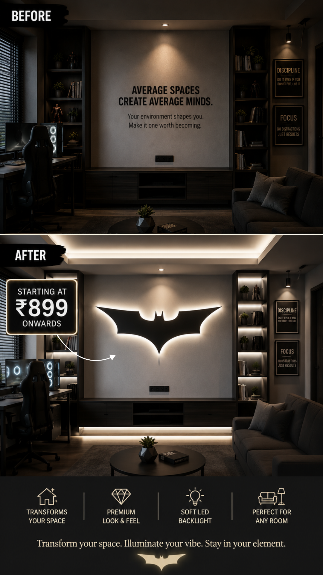 Backlit Crafts Facebook ad: Starting ₹899. Your Wall Deserves Presence.