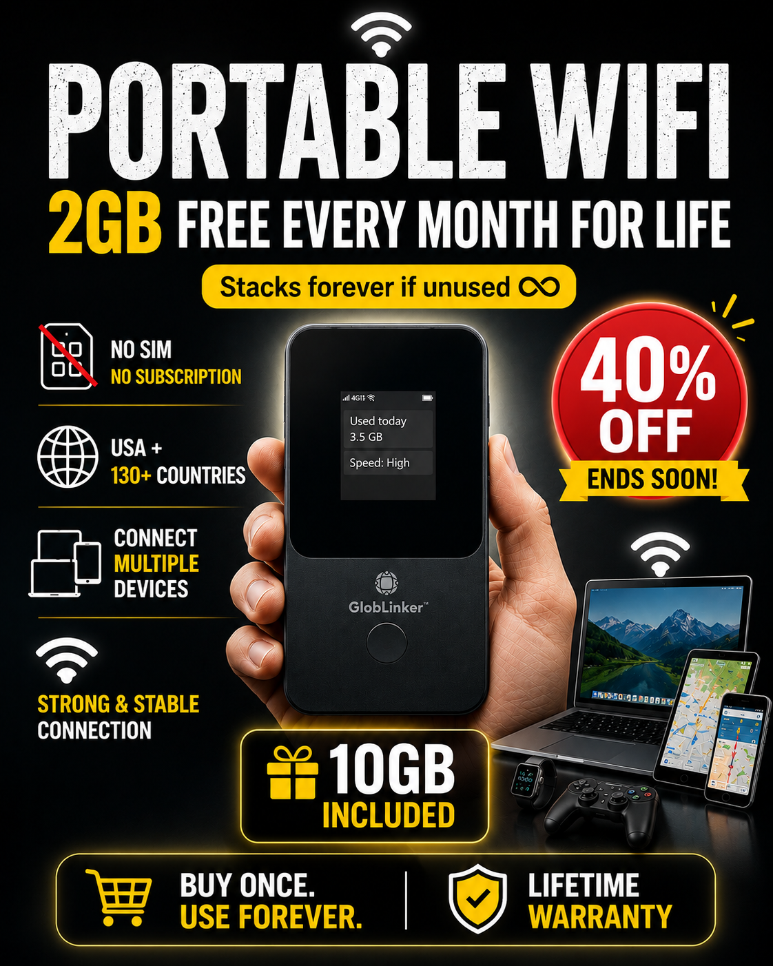 Globlinker Facebook ad: Portable WiFi + FREE Lifetime Data