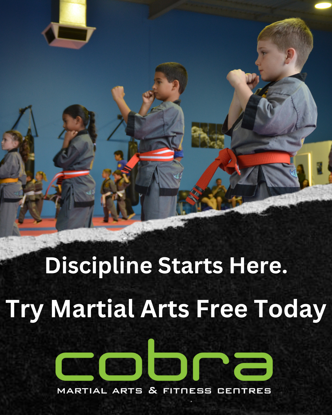 Cobra Martial Arts Morley Facebook ad: Free Kids Martial Arts Class!, Morley’s Home of Discipline…