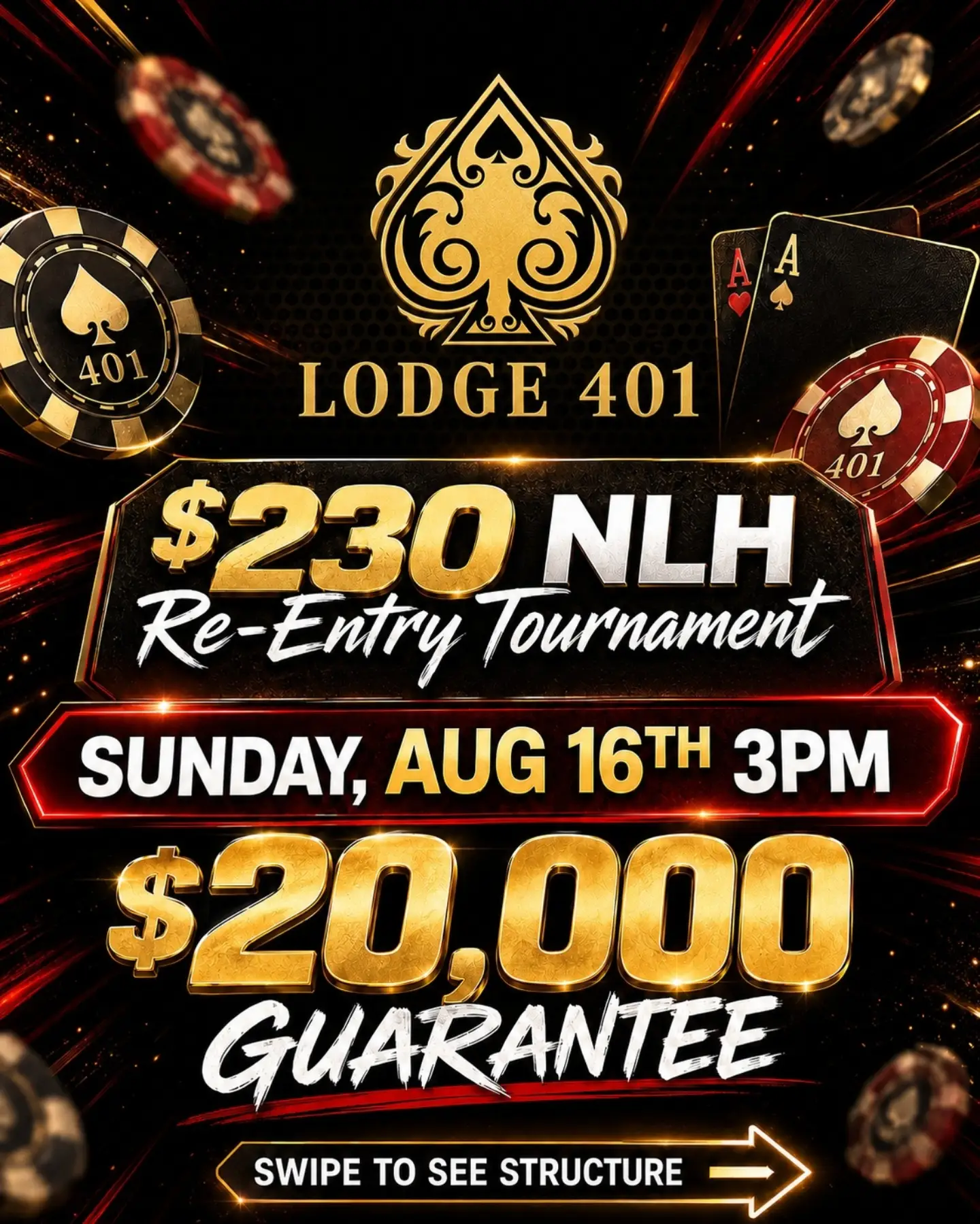 lodge401poker Facebook ad: $230 NLH Re-entry Tournament with voluntary $20 add-on…