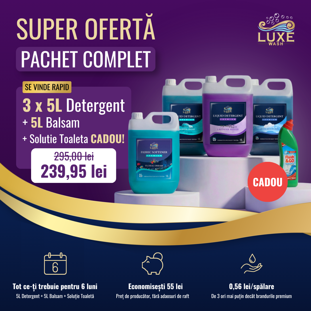 Luxe Wash Europe Facebook ad: 3x detergent + balsam + produs CADOU