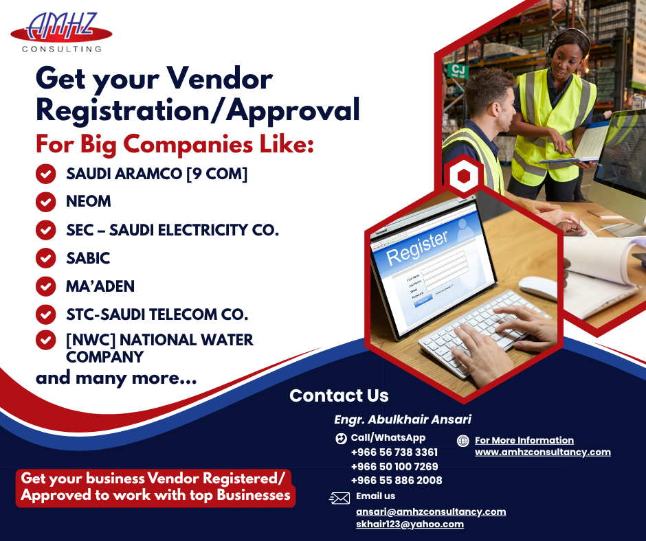 AMHZ Consultancy Facebook ad: Obtain Vendor Approval with Top Saudi Giants, Fast & Easy!