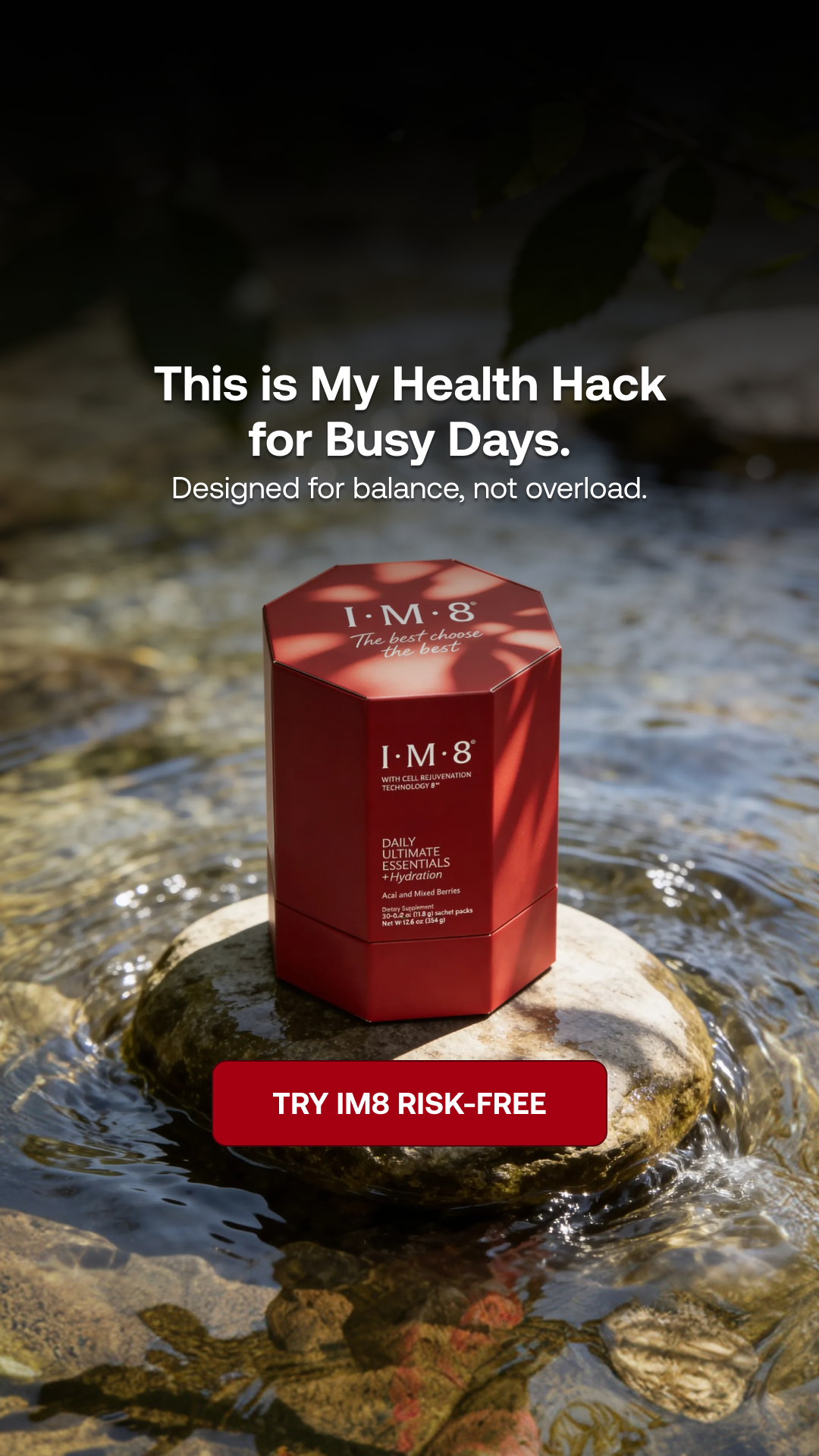 IM8 Facebook ad: One Scoop. 16 Supplements. Zero Guesswork.