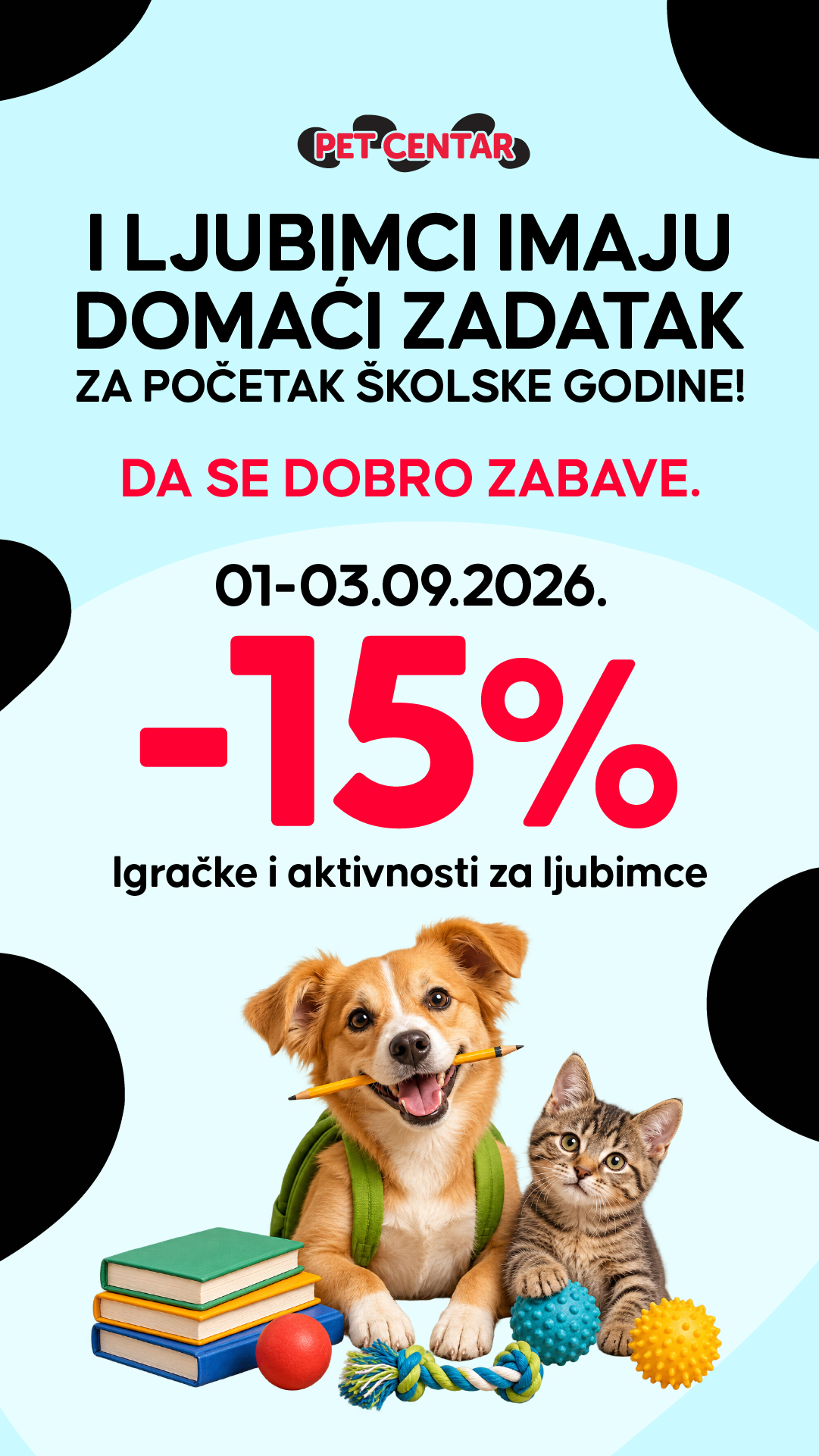 PET CENTAR Srbija Facebook ad: 15% popusta na igračke i aktivnosti za ljubimce.