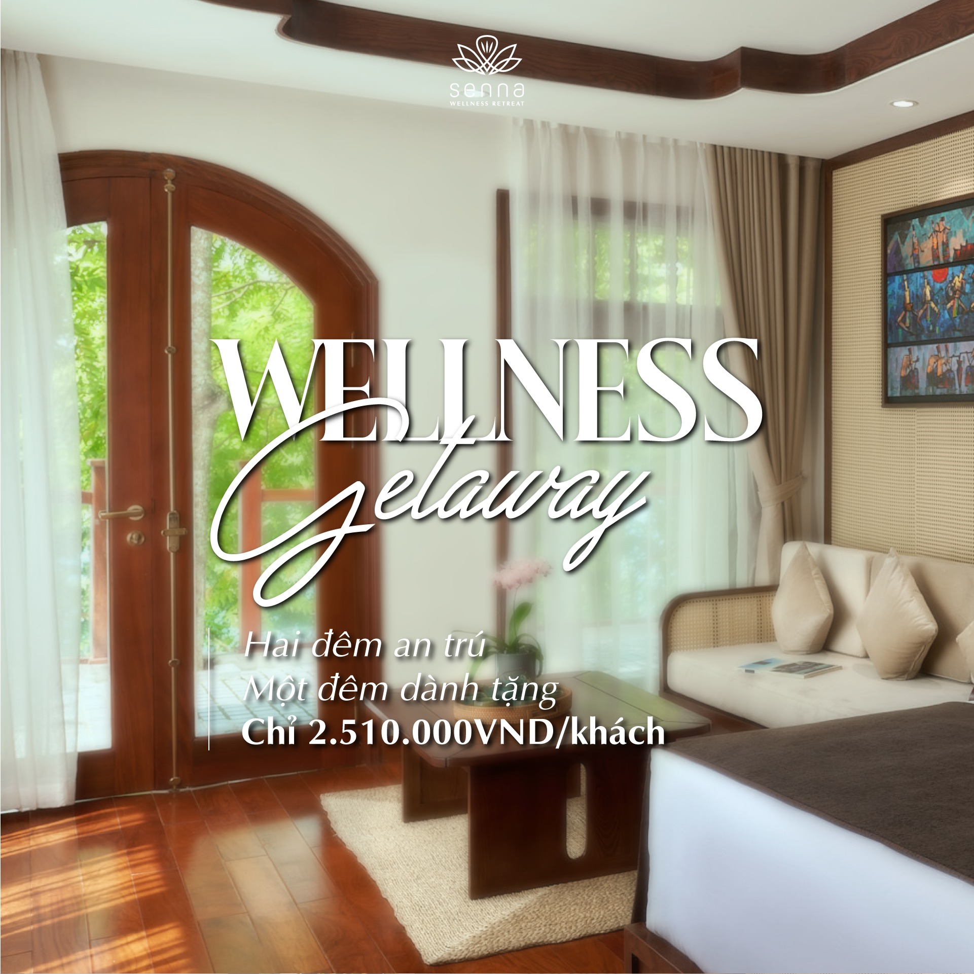 Senna Wellness Retreat Facebook ad: 𝑾𝒆𝒍𝒍𝒏𝒆𝒔𝒔 𝑮𝒆𝒕𝒂𝒘𝒂𝒚 - 𝑨 𝑷𝒆𝒂𝒄𝒆𝒇𝒖𝒍…