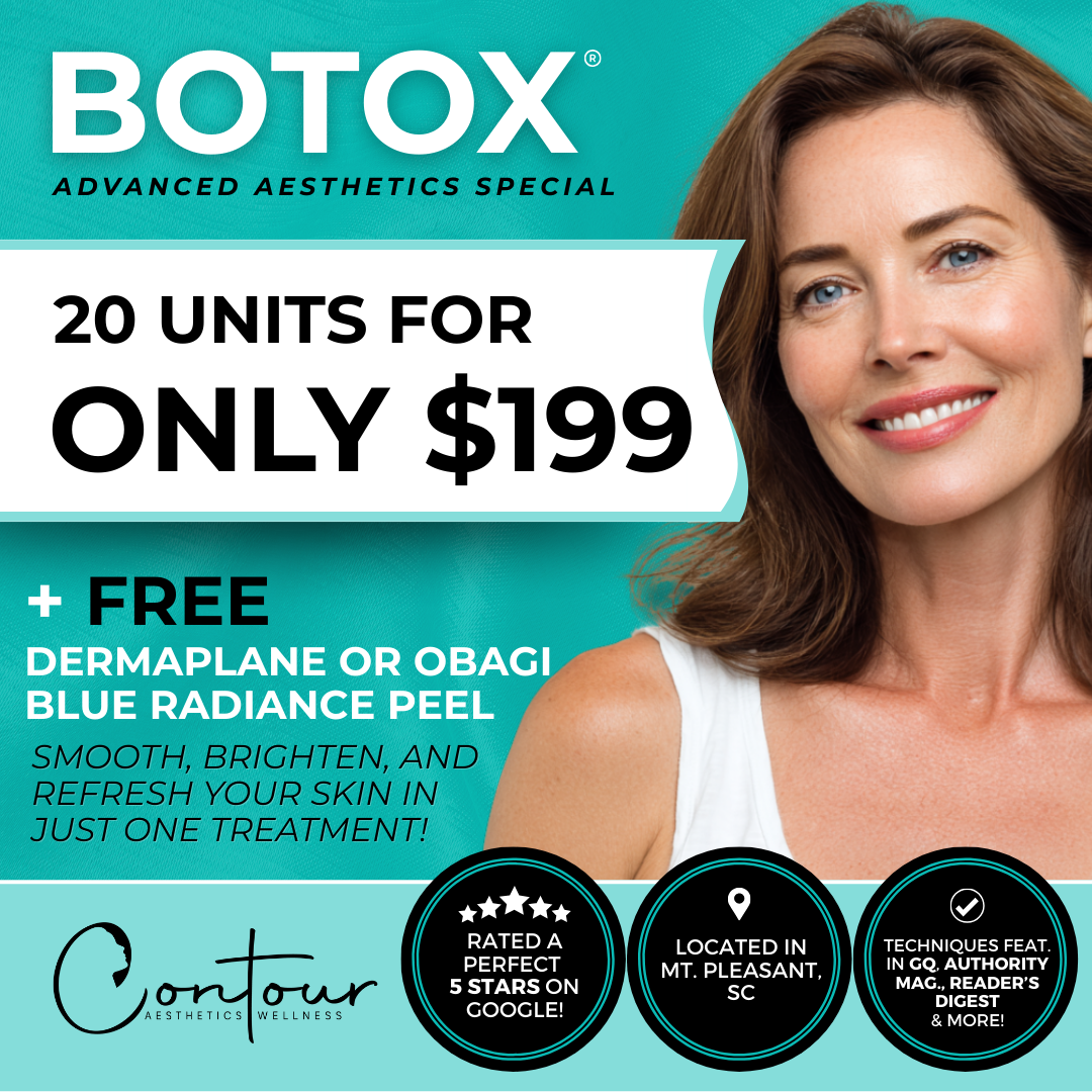 Contour Aesthetics & Wellness Facebook ad: 1 Area of Botox (20 units) + Dermaplane or Peel ONLY $199!