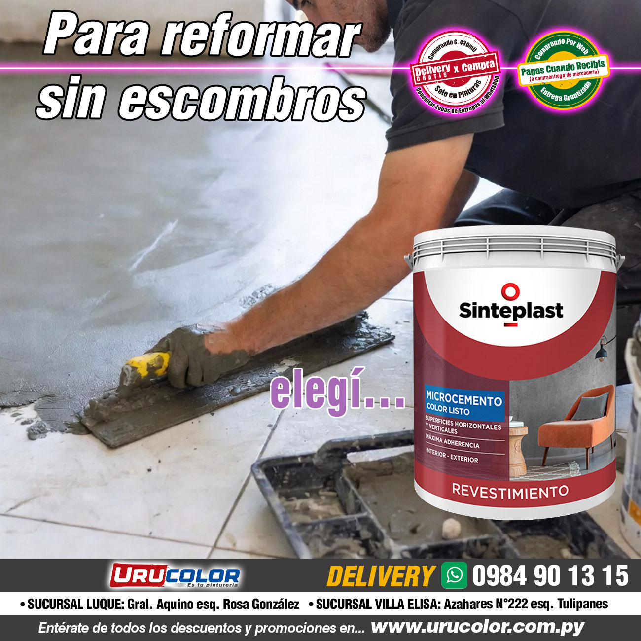 Pintureria Urucolor Facebook ad: Microcemento + Cemento Quemado + Hidrolaca