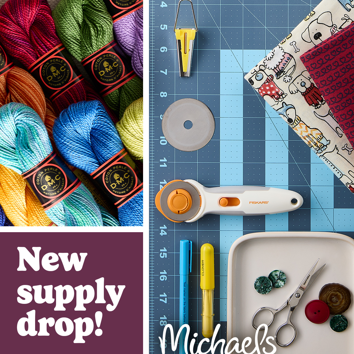 Michaels Stores Facebook ad: New fabric, yarn & buttons