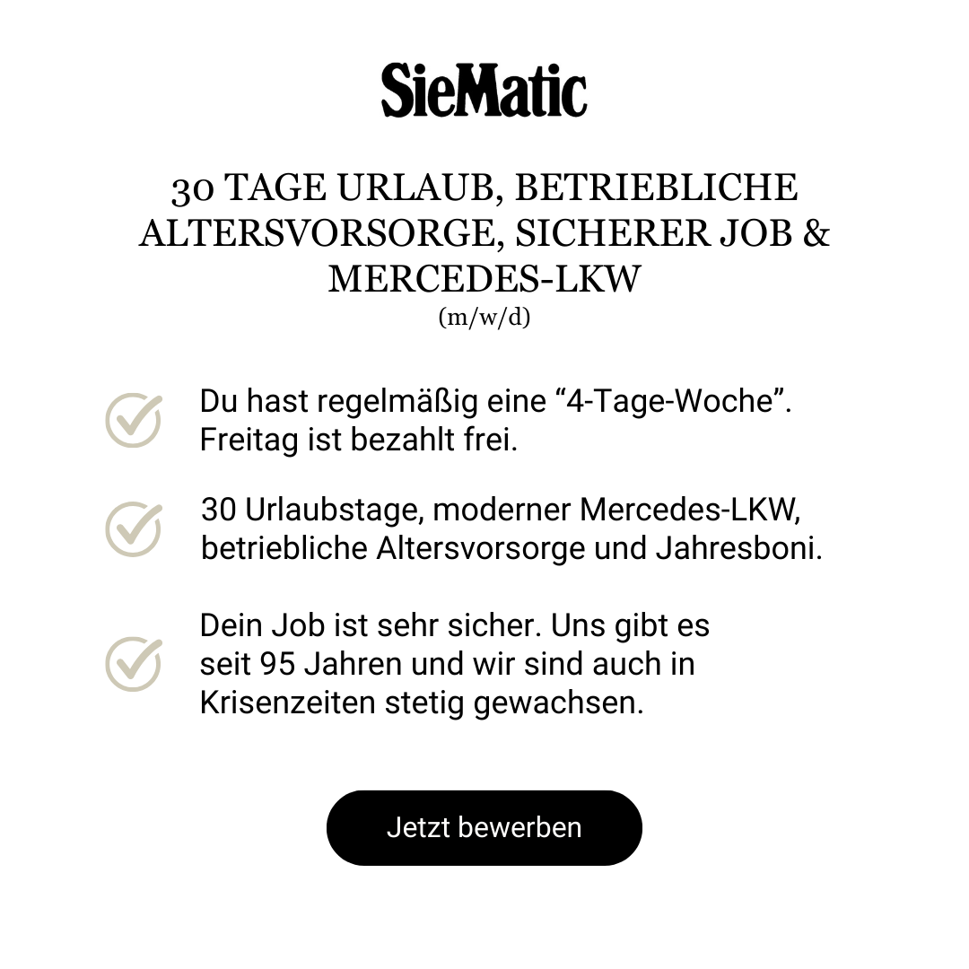SieMatic Facebook ad: An alle LKW-Fahrer aus Ostwestfalen (m/w/d)