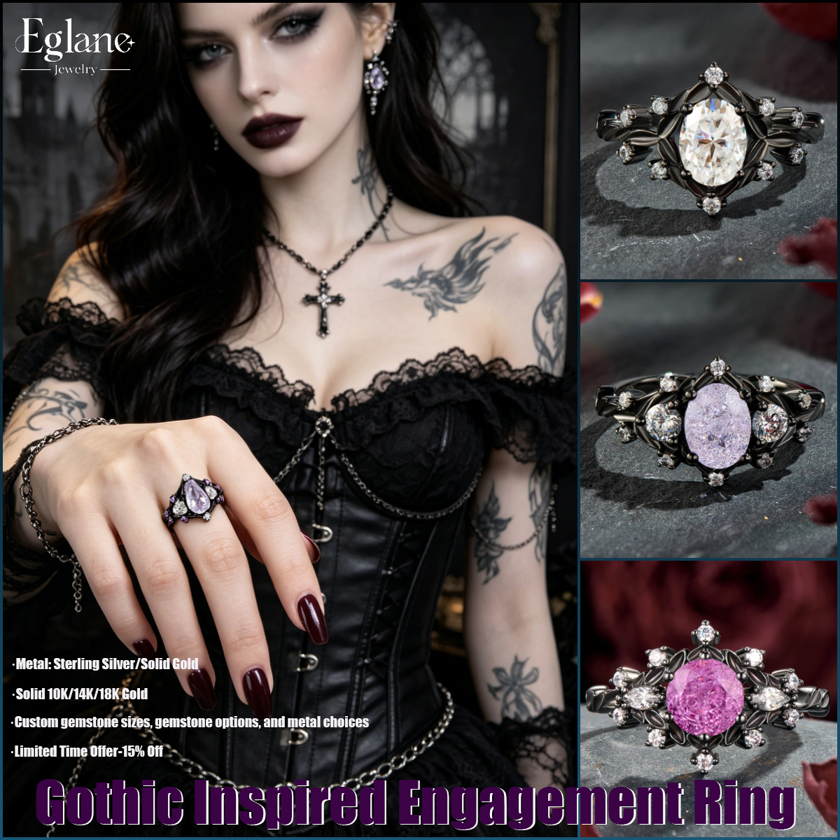 Eglanejewelry Facebook ad: Vintage Gothic Inspired Engagement Rings