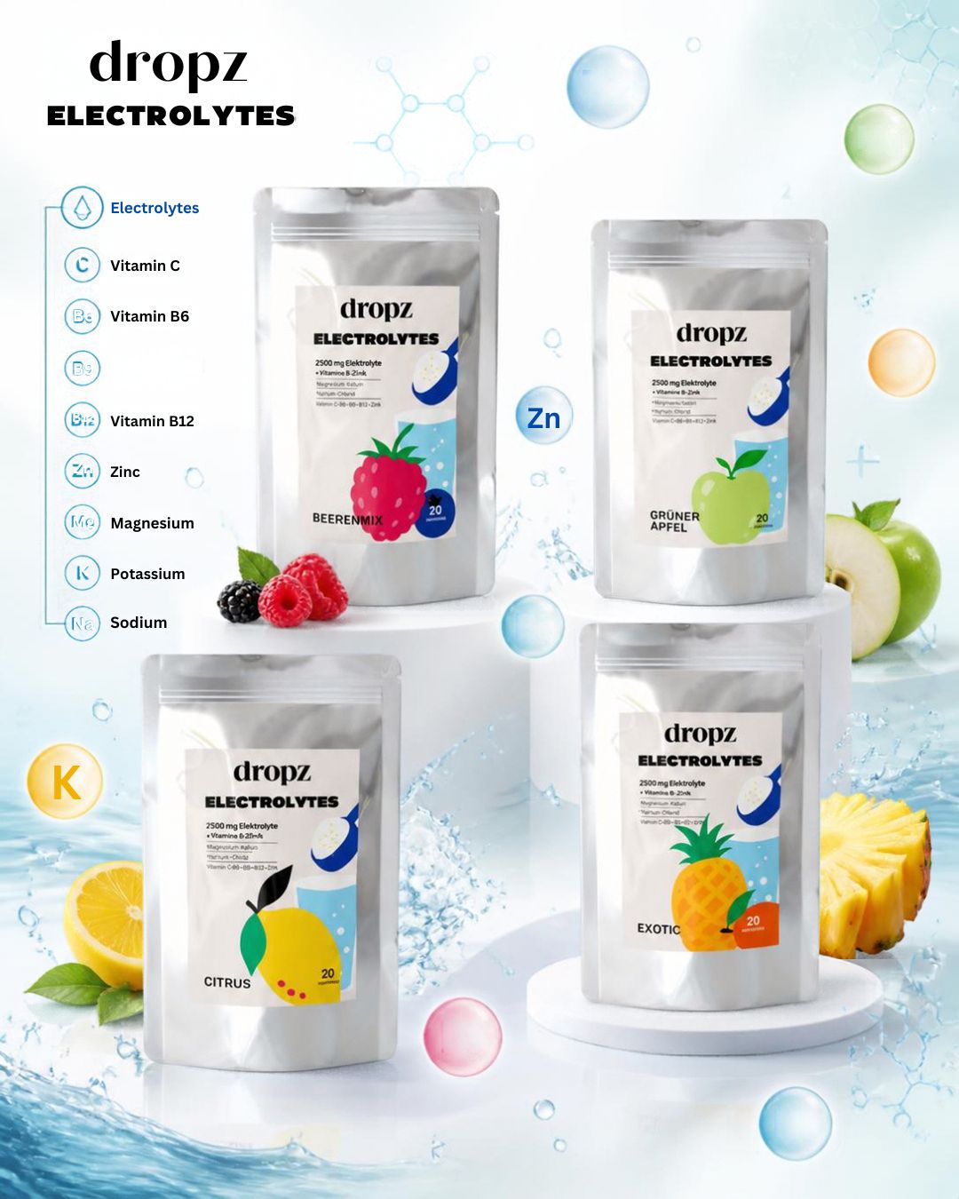 dropz Facebook ad: Hydration mit wichtigen Elektrolyten