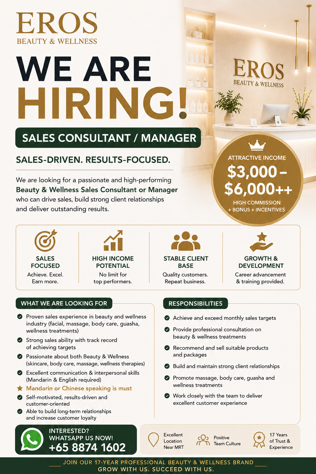Eros Beauty & Wellness Pte Ltd Facebook ad: Sales Consultant / Manager