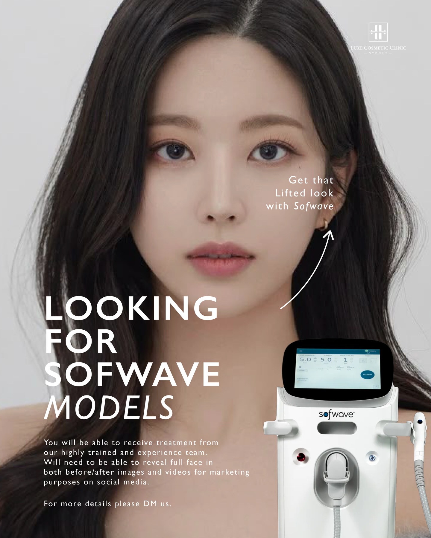 LUXE Cosmetic Clinic Facebook ad: Looking for Sofwave models
