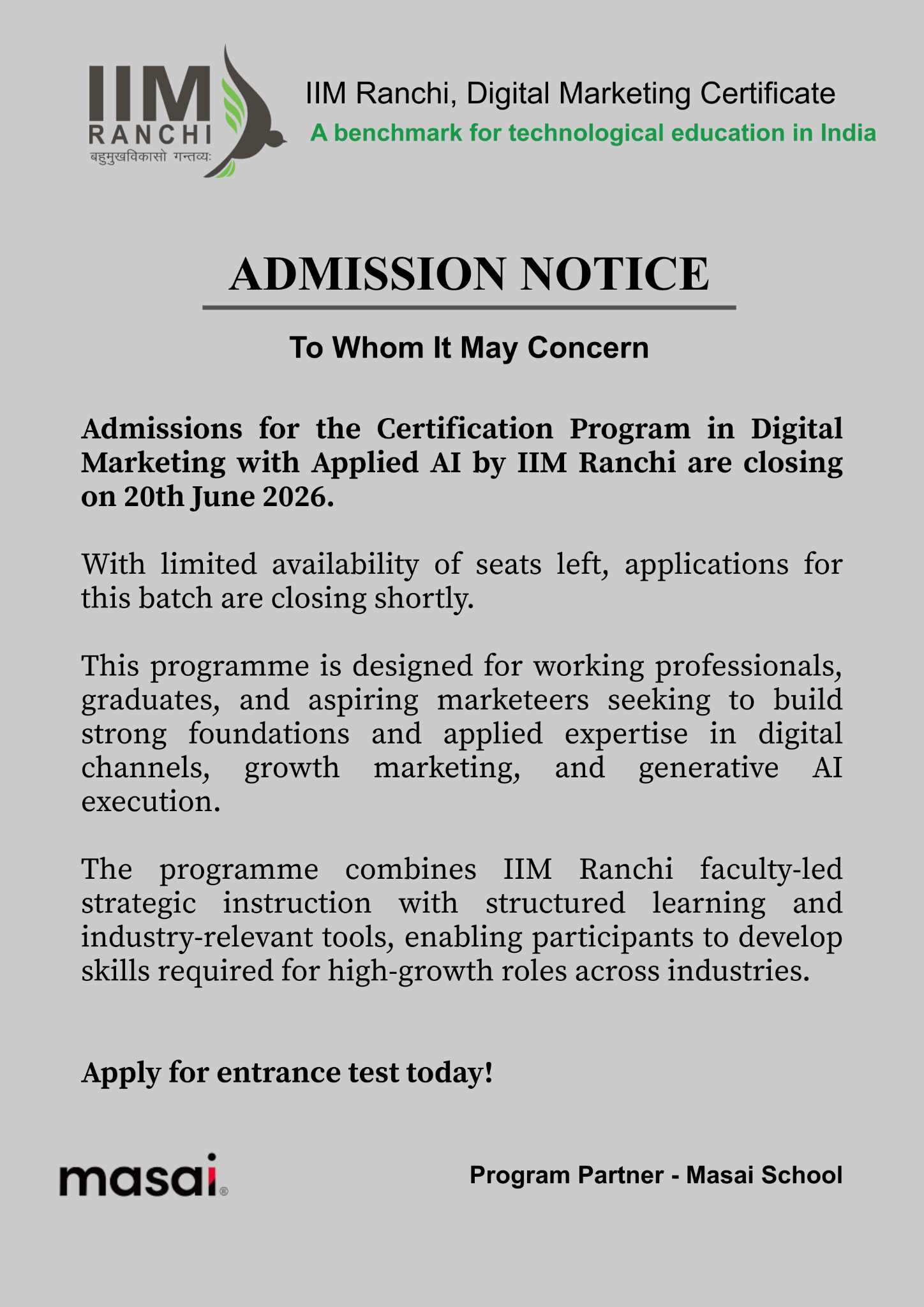 IIM Ranchi EEC Office Facebook ad: Applied AI for Digital Marketers