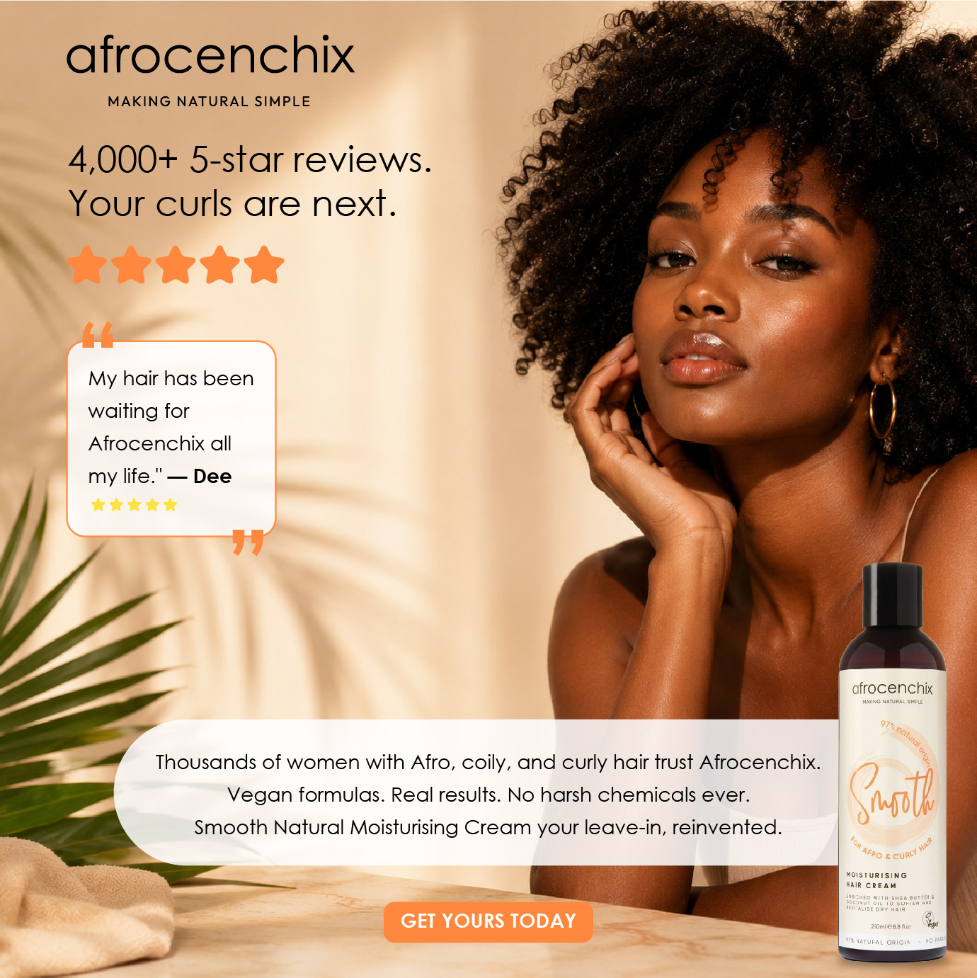 Afrocenchix Facebook ad: 4,000+ 5★ reviews