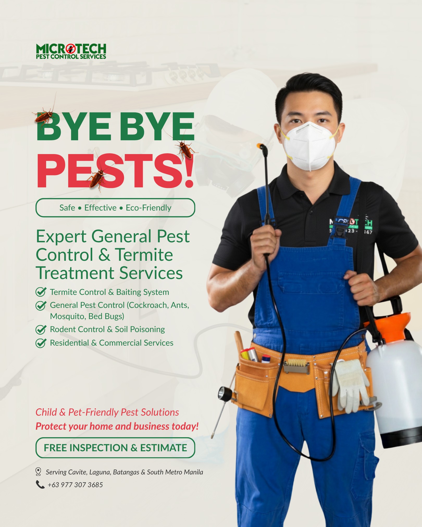 MicroTech Pest Control Services Facebook ad: Cockroaches, termites, or rats taking over your space?