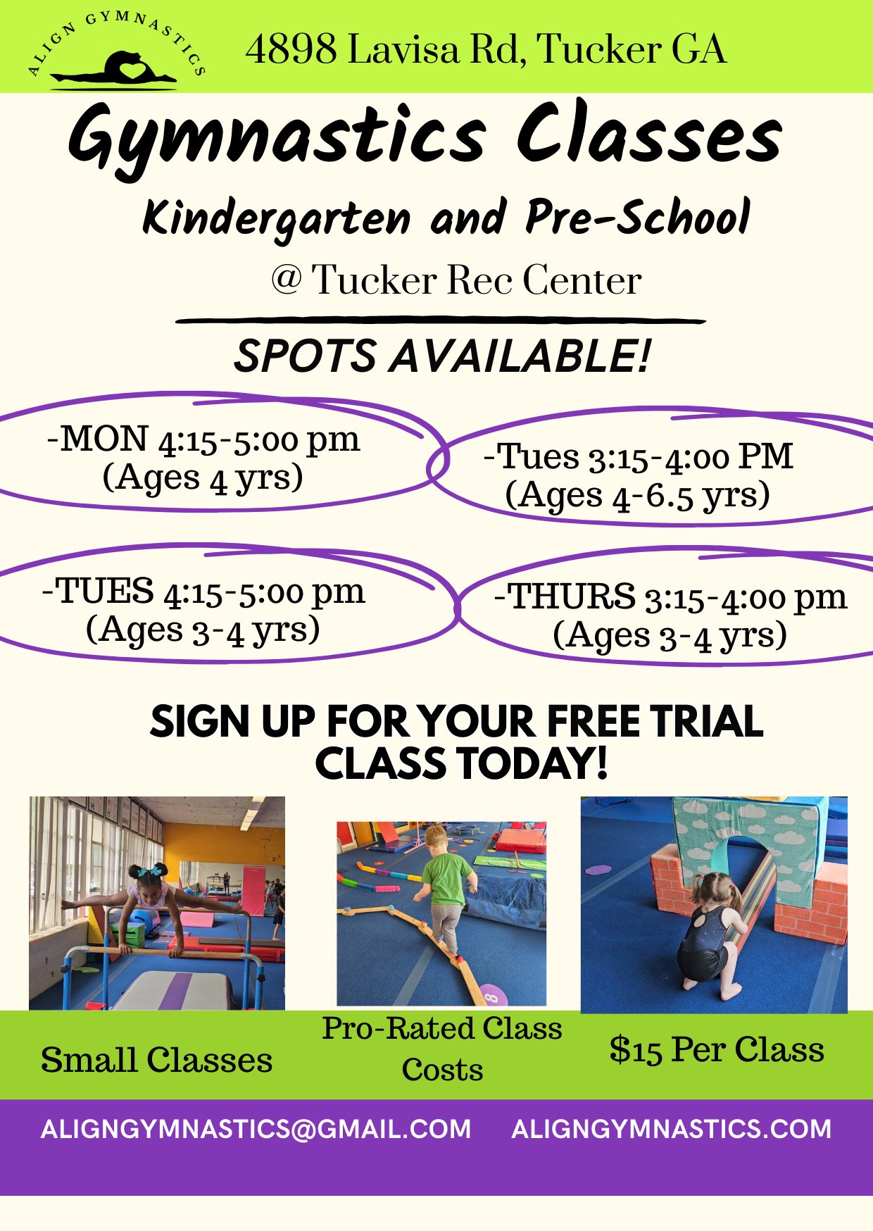 Align Gymnastics Facebook ad: Spring Session 2 (2/23/26-3/28/26) STILL HAS SPOTS…