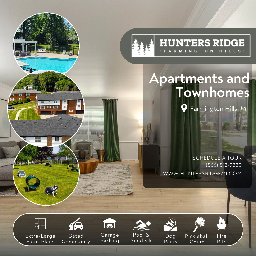 Hunters Ridge Apartments and Townhomes Facebook ad: Apartments and Townhomes in Farmington Hills, MI