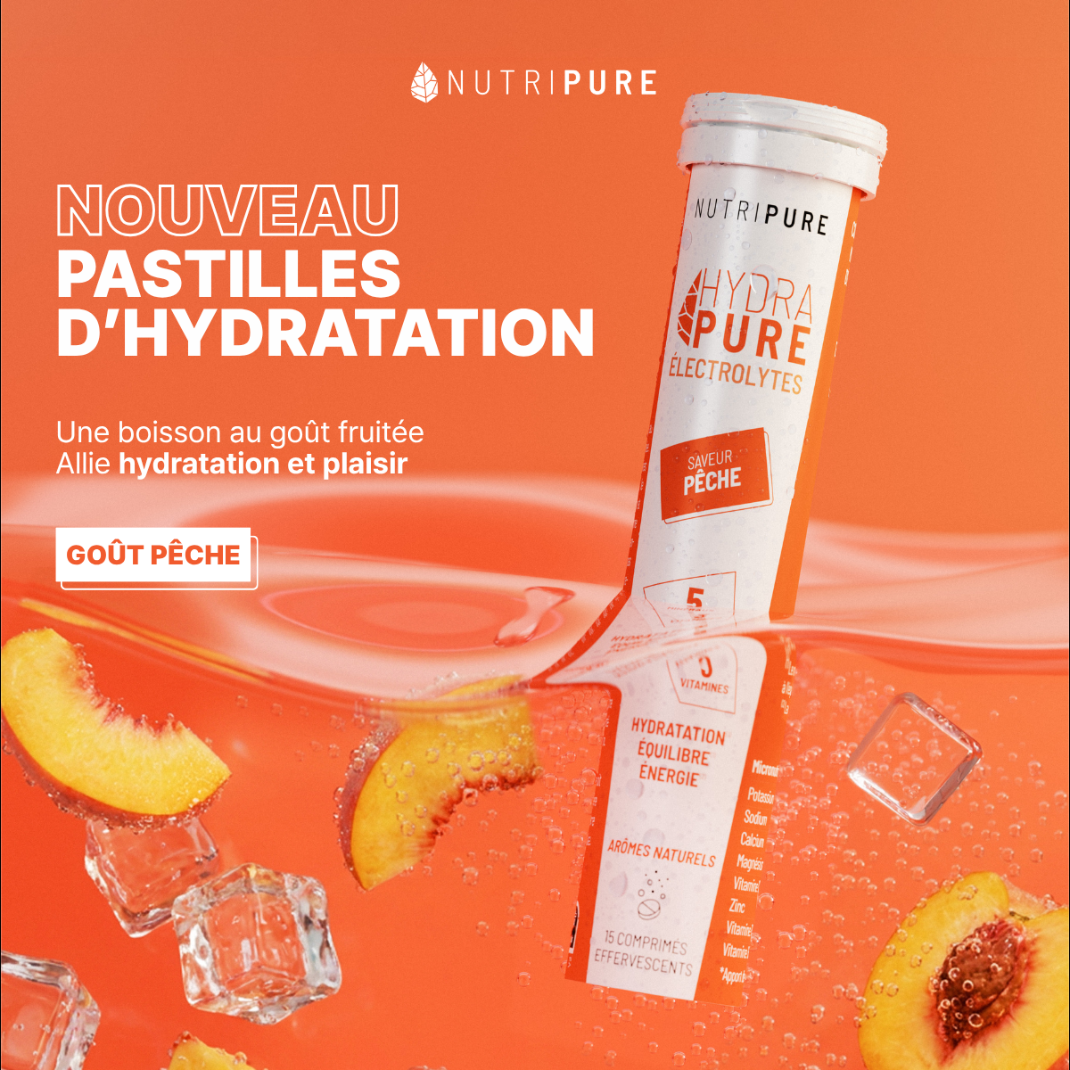 Nutripure Facebook ad: NOUVEAU: Hydrapure pêche et neutre