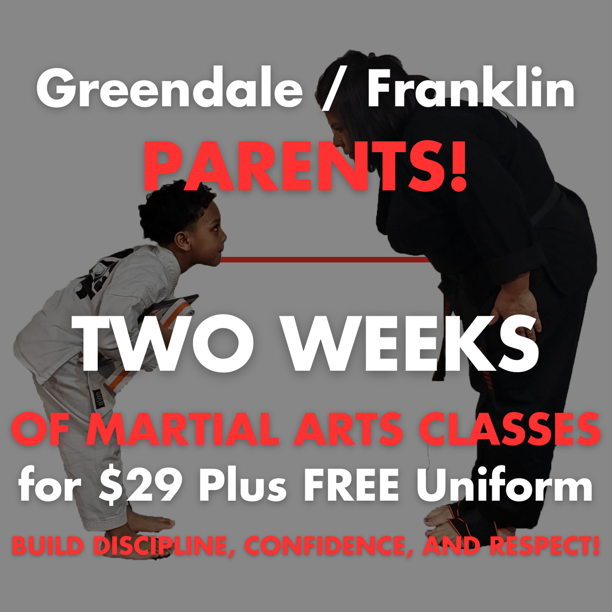 Martial Arts America Facebook ad: TWO WEEKS of CLASSES & UNIFORM for $29