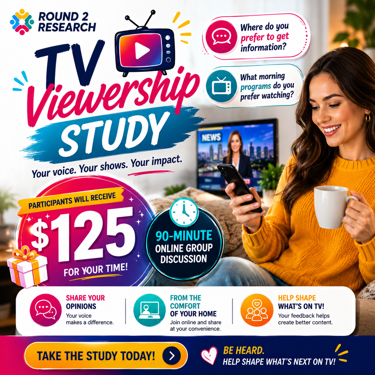 Round2Research Facebook ad: TV Viewership Study - $125 Reward