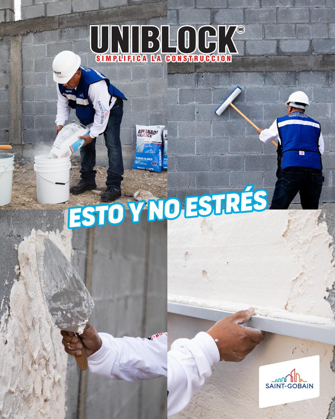 Saint-Gobain Uniblock Facebook ad: En la cancha de la construcción, lo mejor…
