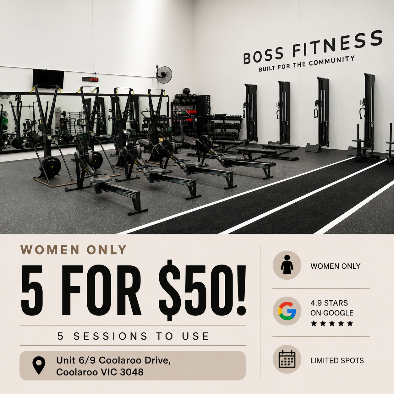 BOSS Fitness Female Studio Facebook ad: 5 Classes $50, Limited Spots