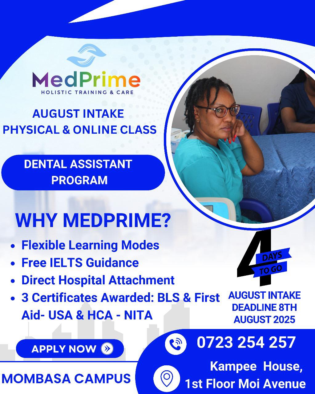 Medprime College Mombasa Campus Facebook ad: Welcome to Medprime Training College.
