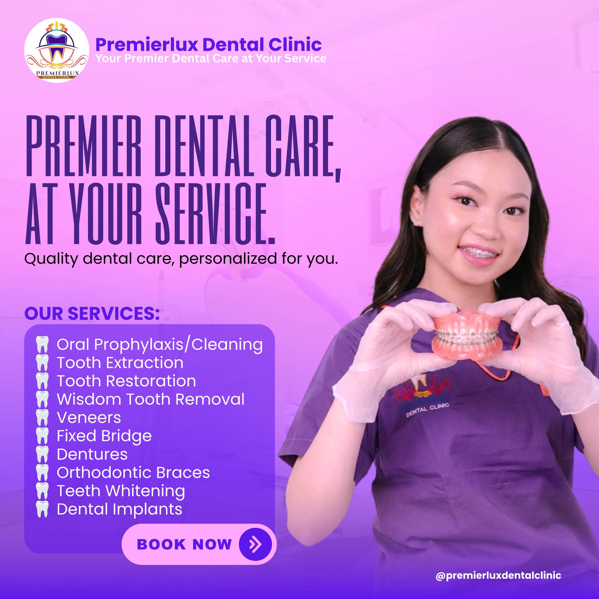 Premierlux Dental Clinic Pacita Facebook ad: Premier Dental Care, At Your Service.