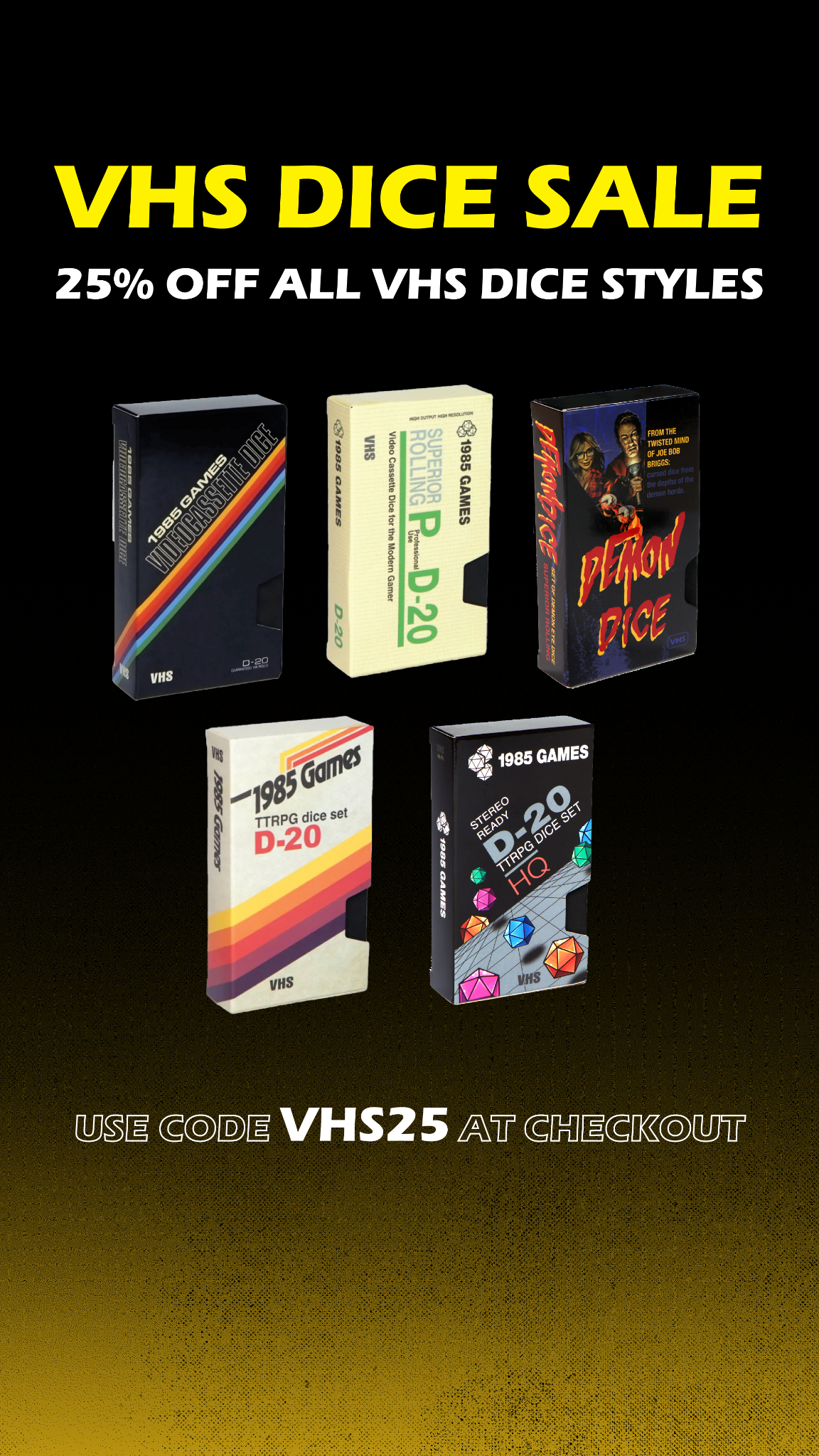 1985 Games Facebook ad: Save 25% on VHS Dice