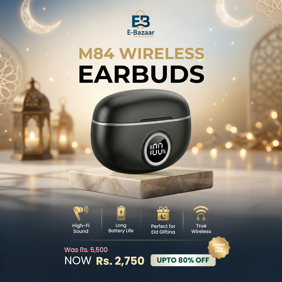 E-Bazaar Online Facebook ad: M84 Wireless Earbuds Now Only Rs 2750