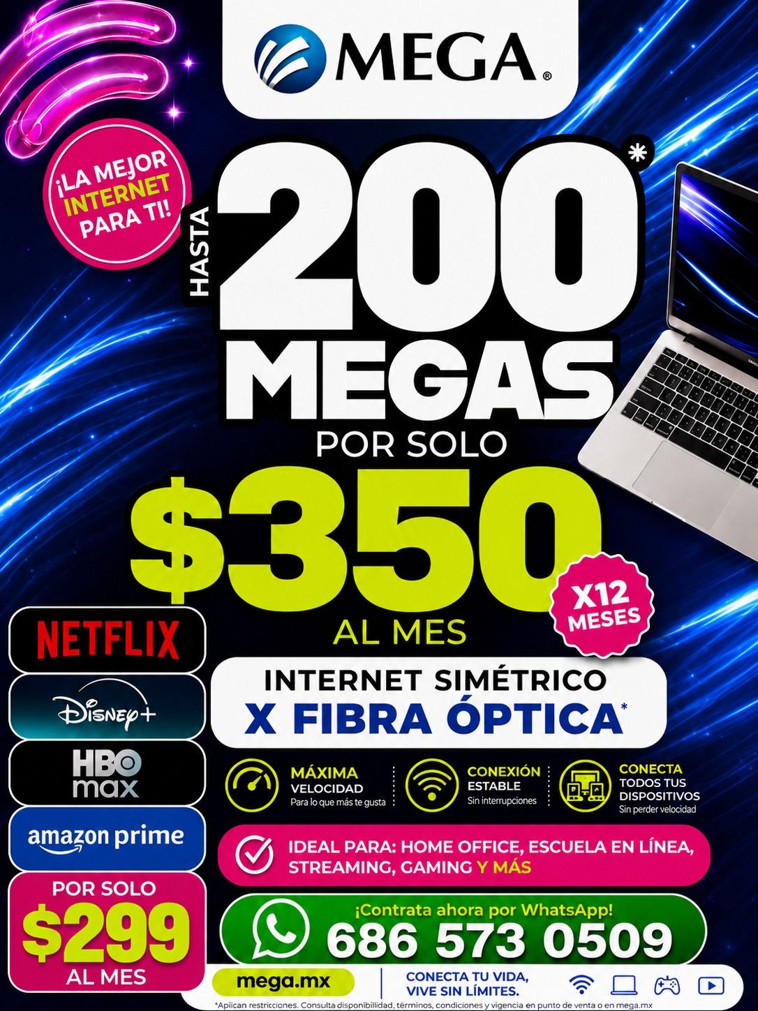 Velozmente Mega Facebook ad: Internet Simétrico Fibra Óptica (200 Megas de Velocidad)
