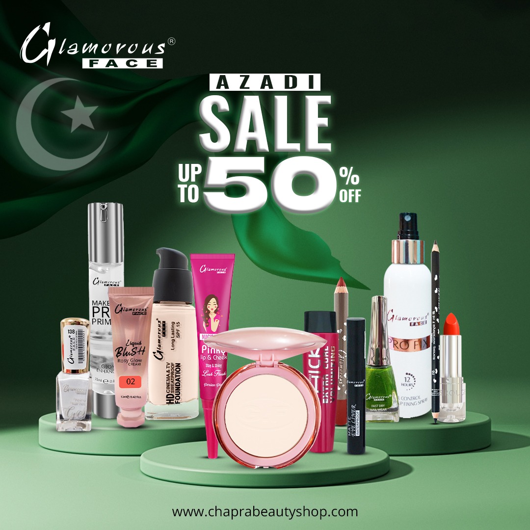 Glamorous Face Cosmetics Facebook ad: Up to 50% Off