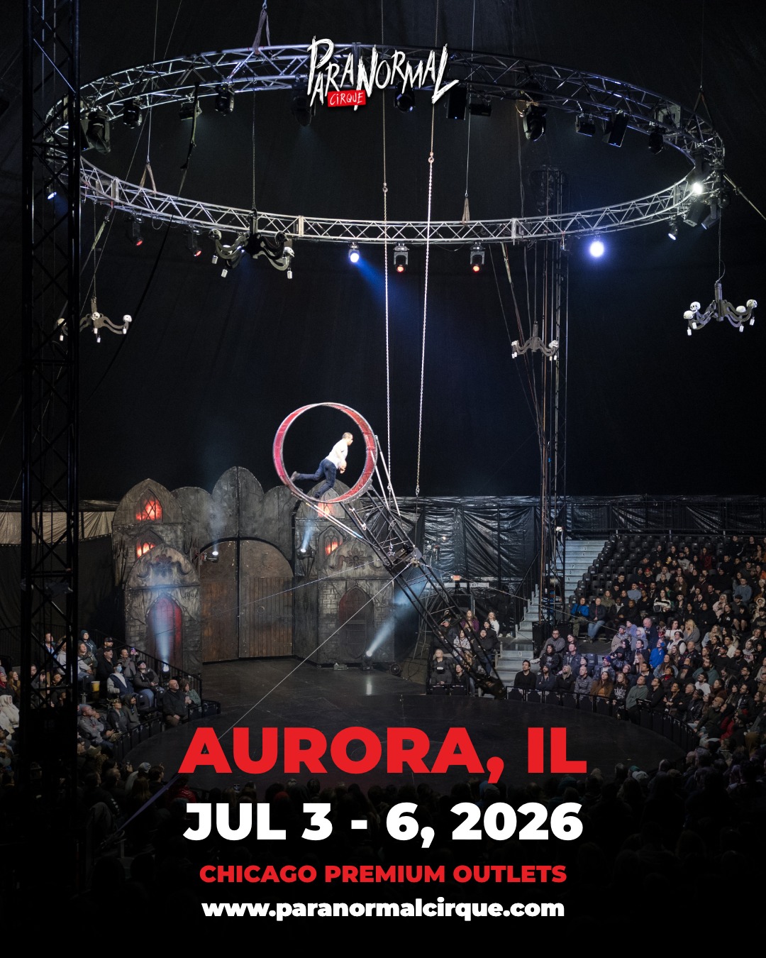 Paranormal Cirque III Facebook ad: AURORA, IL: JUMP INTO THE FLAMES