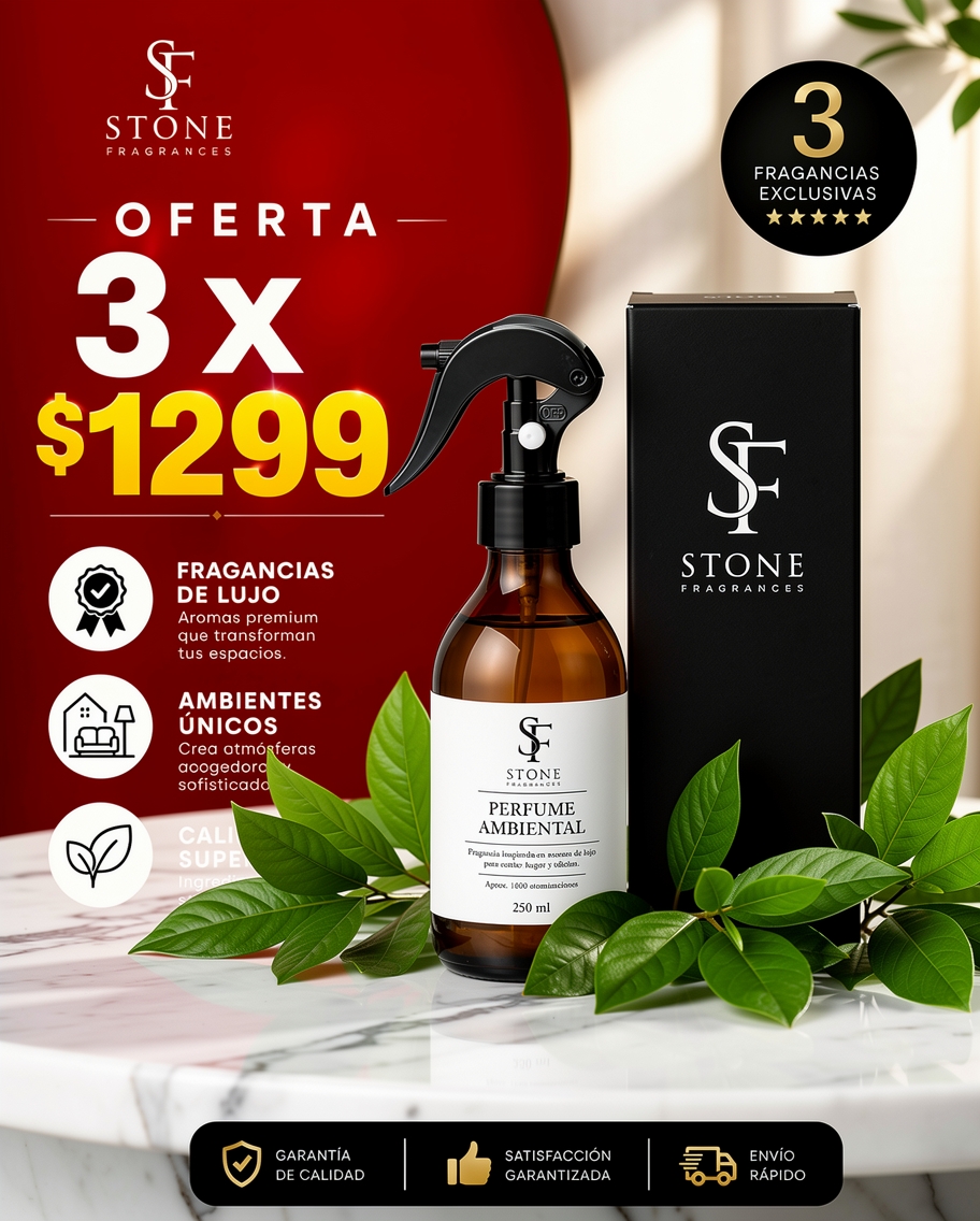 Stone Fragrances México Facebook ad: Llévate 3 perfumes ambientales por $1,299
