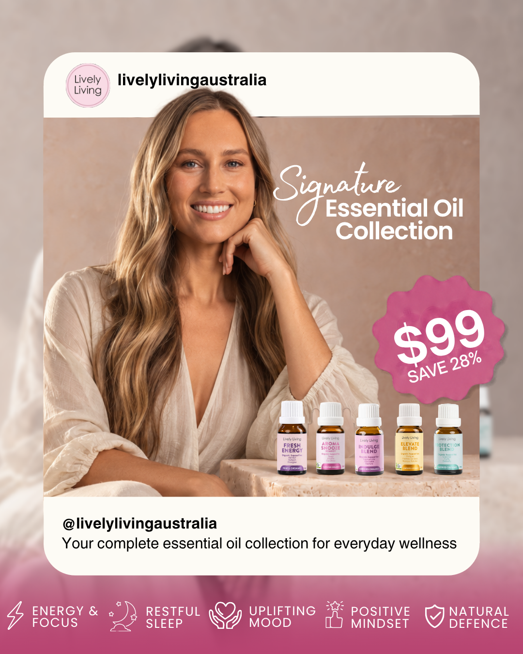 Lively Living Facebook ad: One collection. Five ways to support your wellbeing