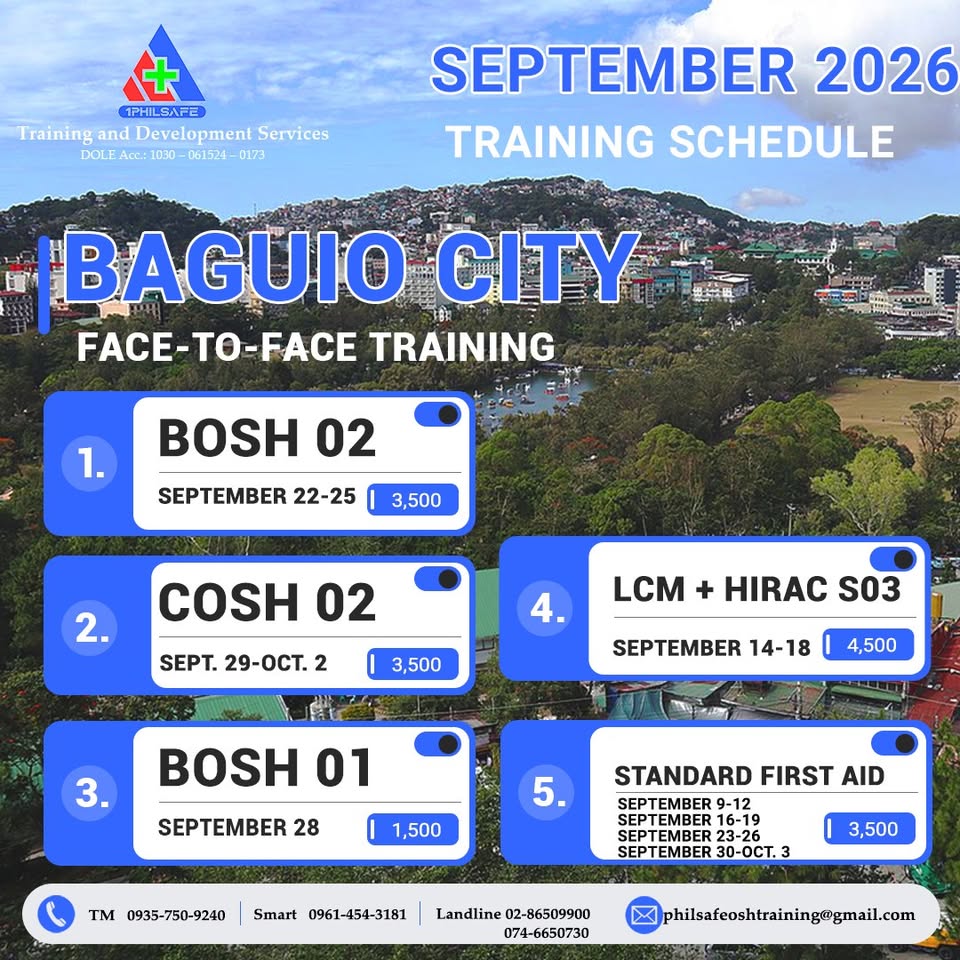 1Philsafe Safety Training Center-Baguio City Facebook ad: 𝐁𝐀𝐆𝐔𝐎 𝐂𝐈𝐓𝐘 𝐅𝐀𝐂𝐄 𝐓𝐎 𝐅𝐀𝐂𝐄; 𝗖𝗢𝗦𝗛…