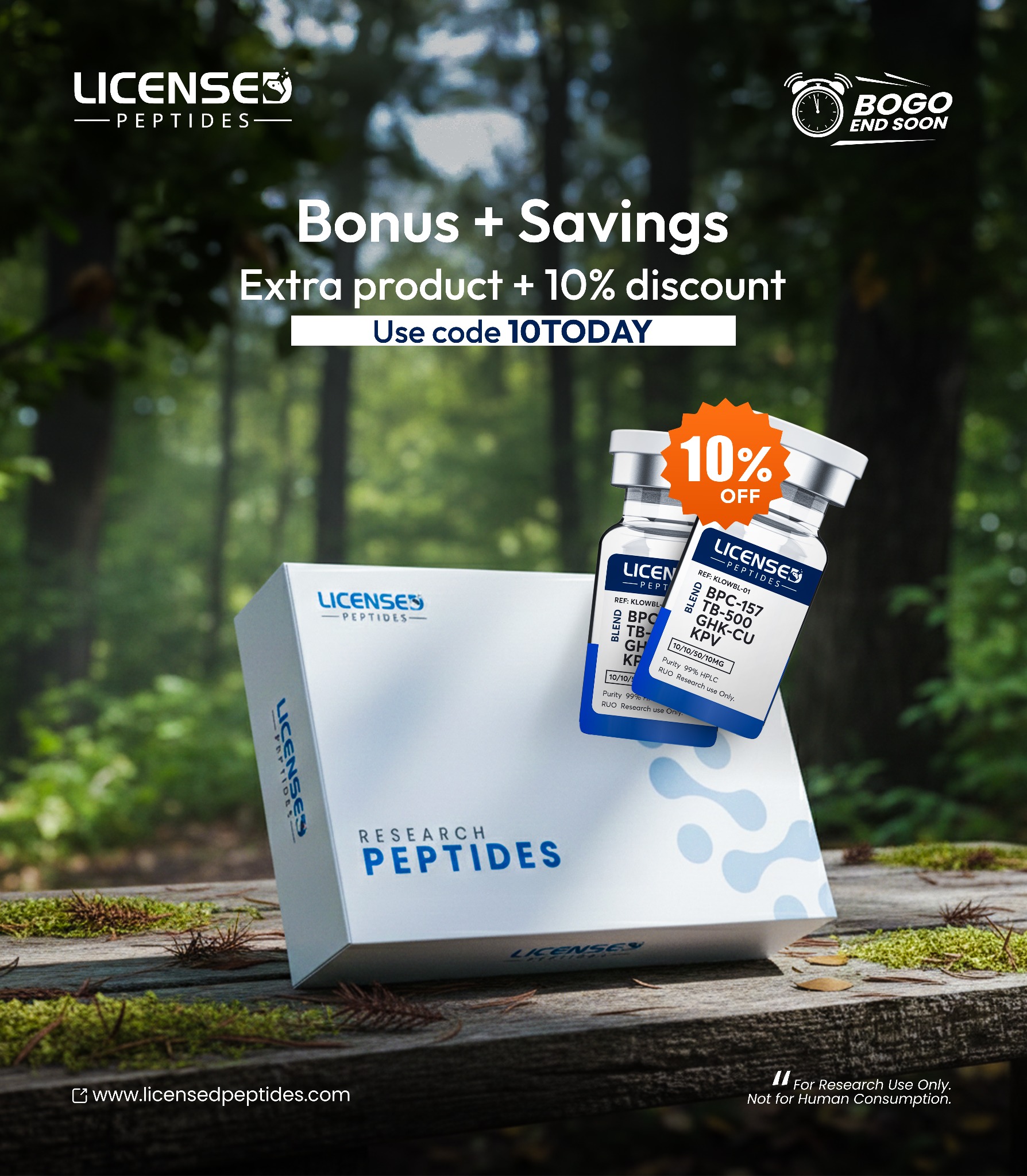 LicensedPeptides.com Facebook ad: Buy One Get One Free Sale Ends Soon