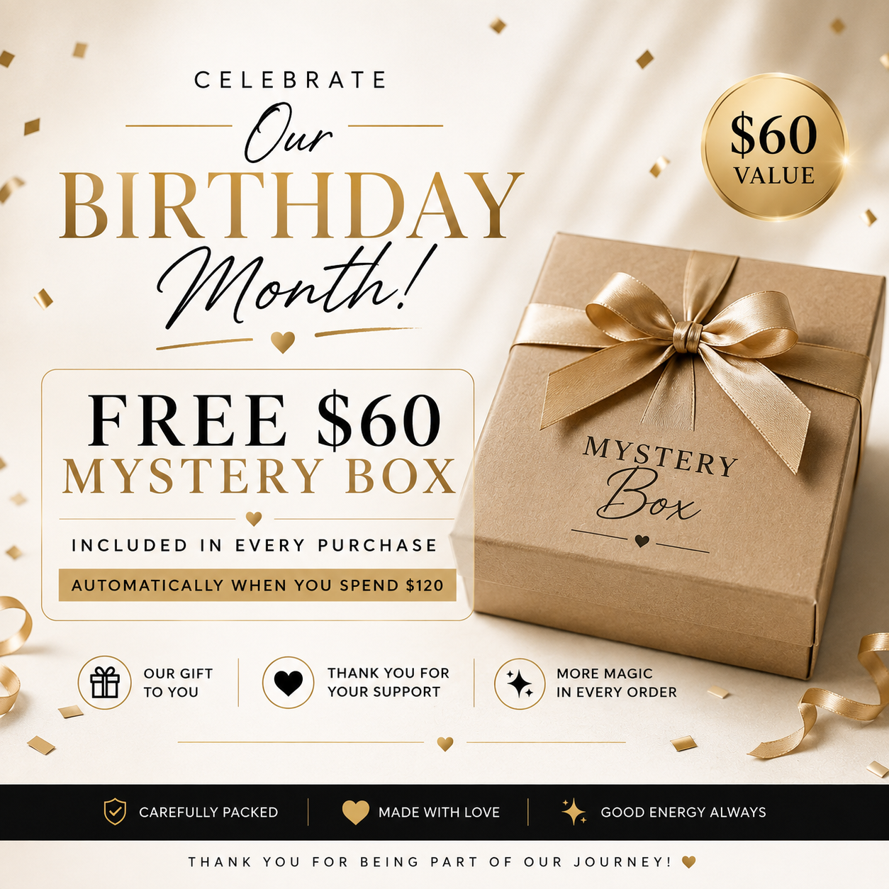 Raba Crystals Facebook ad: Plus, receive a FREE $60 Mystery Box